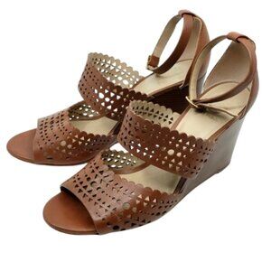 TORY BURCH~PERFORATED COGNAC LEATHER GLADIATOR SANDALS WEDGE HEEL SHOES Sz 7